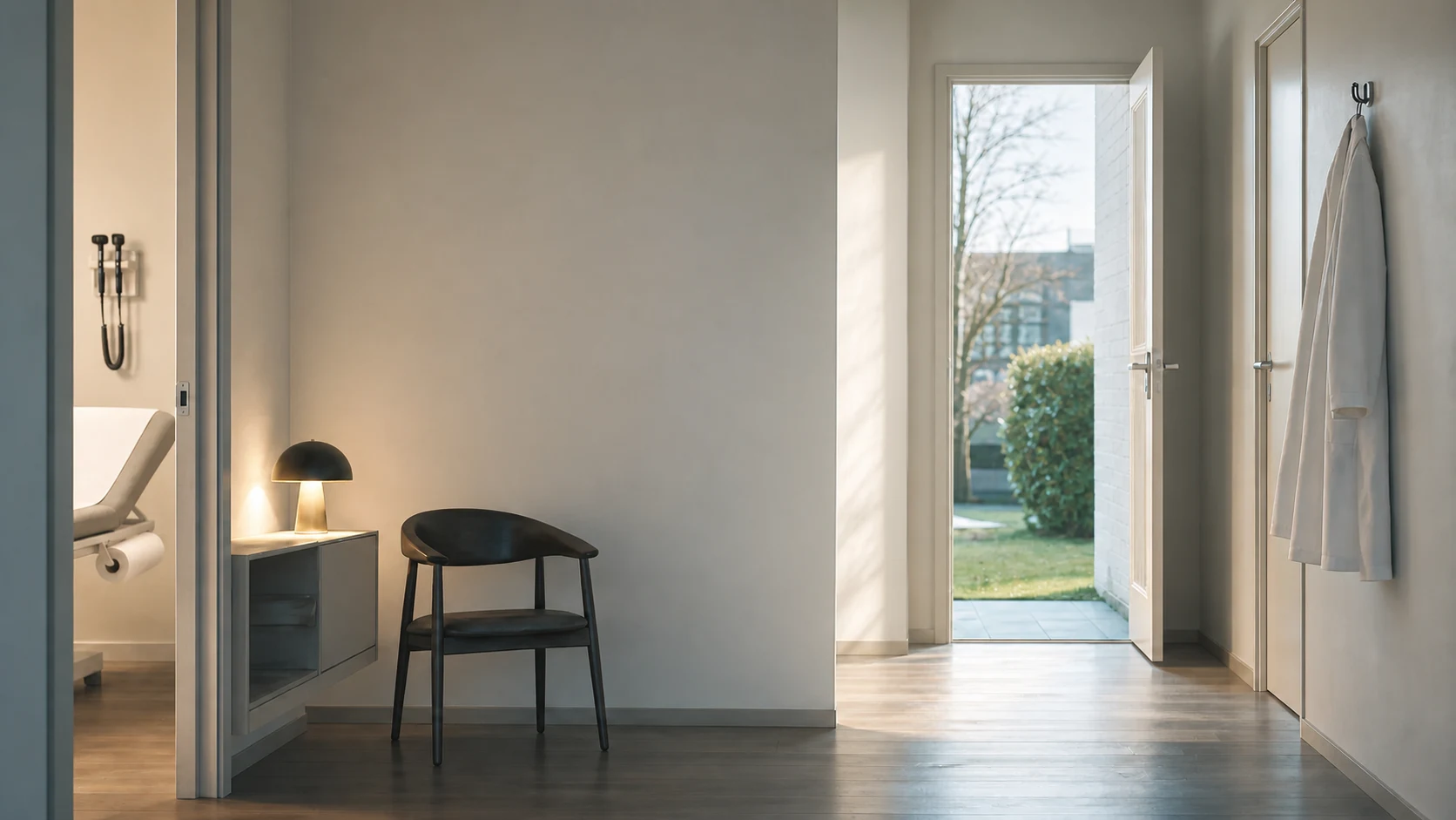 A quiet, bright medical practice with an open door toward the morning light.