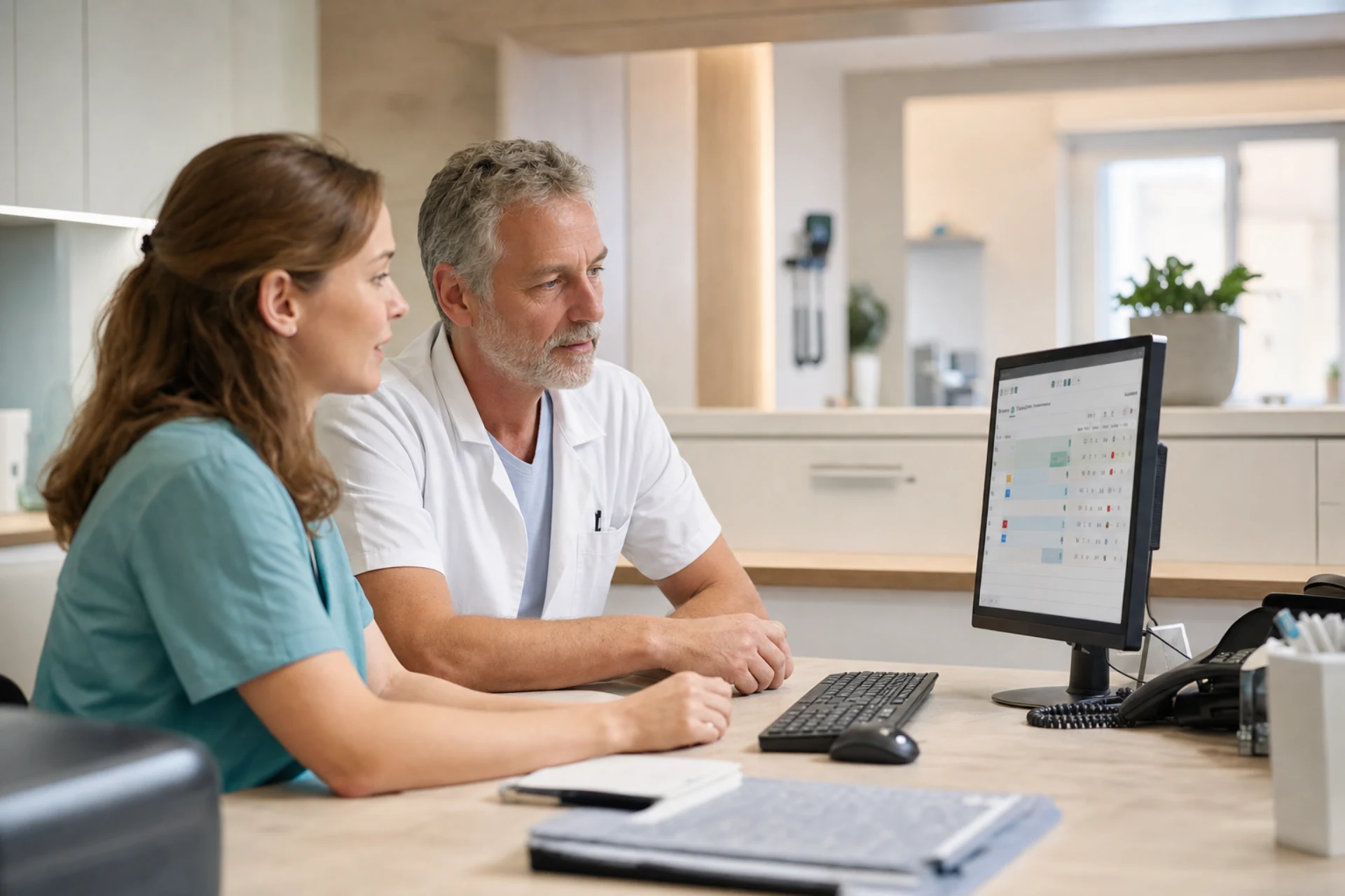 A physician and medical receptionist review the practice schedule together.