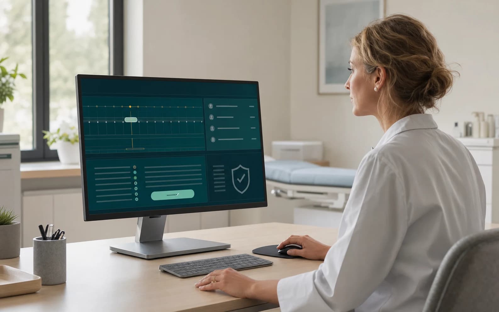 A physician validates an appointment workflow from a secure practice operations dashboard.