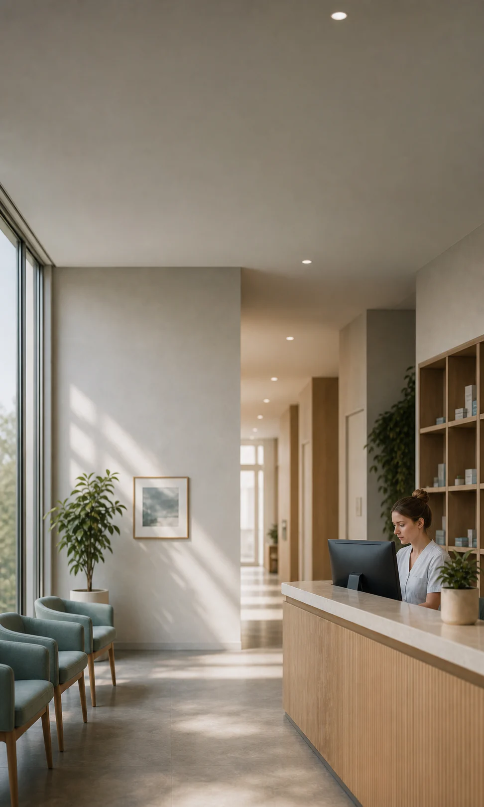 A medical receptionist works in the bright reception area of an independent practice.