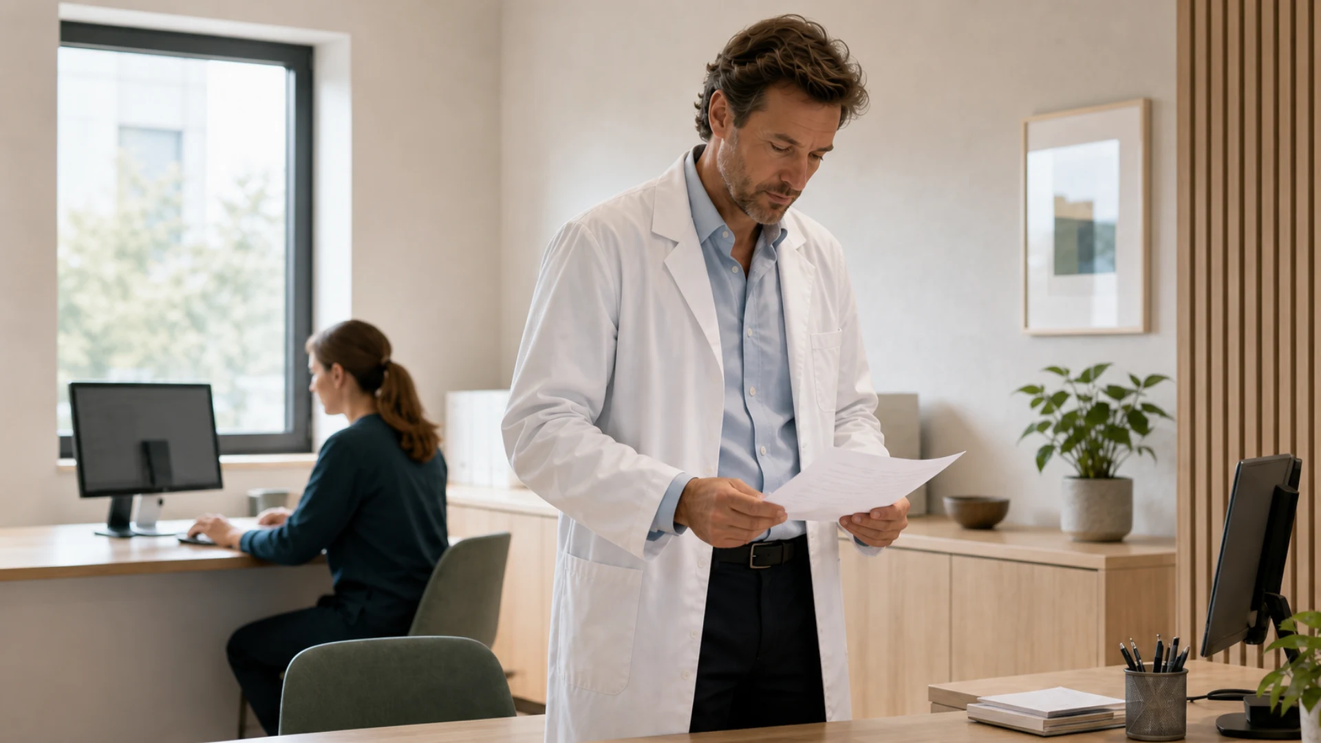 A physician reviews a document while a medical receptionist works in a bright practice.
