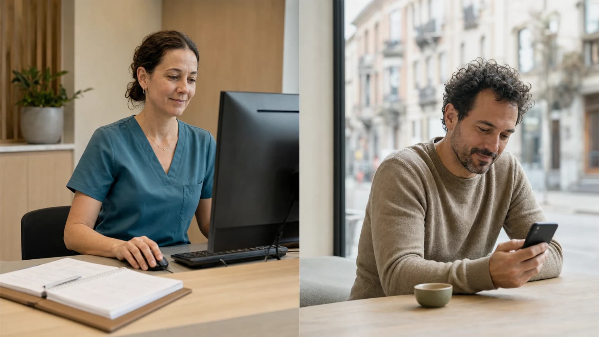 A medical receptionist records an open appointment while a patient reads the offer on a phone.